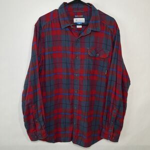 Columbia Omni Wick Button Up Flannel Shirt Mens Size L Large Blue Red Plaid EUC